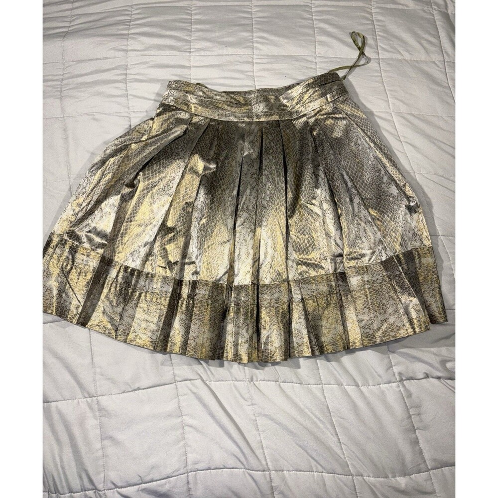 Diane von Furstenberg Metallic Gold Snake-print Pleated Skirt Sz 6